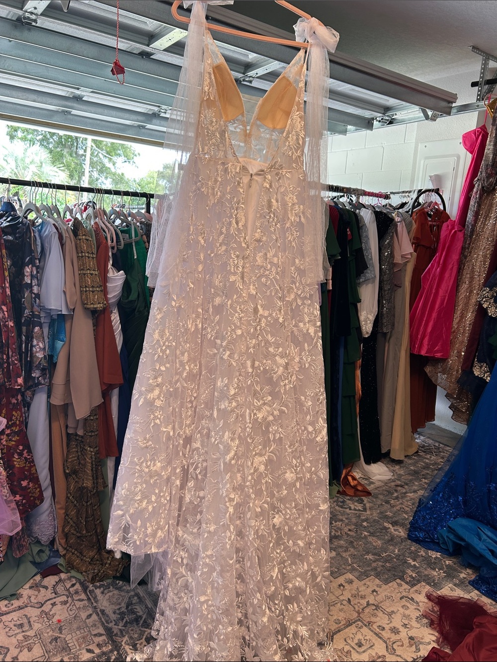 Elegant White Lace A-Line Dress with Sheer Overlay